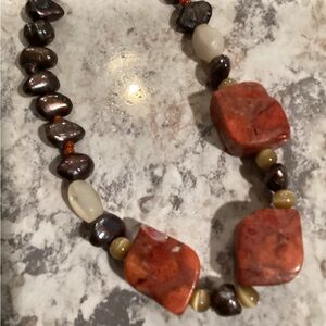 Real Peacock Color Pearl Necklace with 3 Red Stone Accent Beads